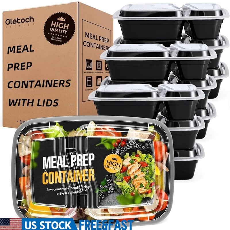 Airtight Meal Prep Containers 2 Compartment Food Storage Microwave Safe 10 Pack