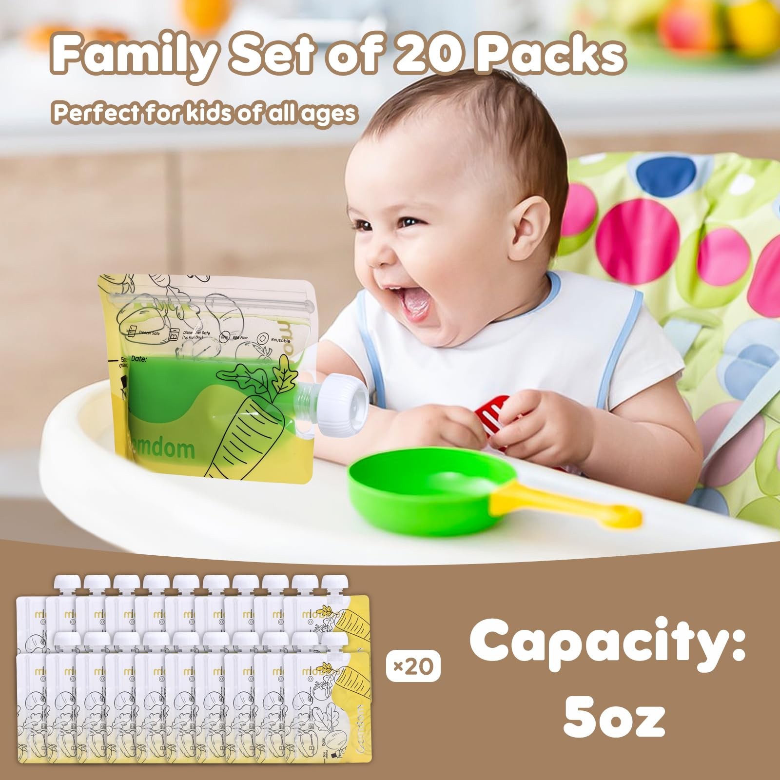 20 Pack Reusable Baby Food Pouches for Toddlers, Refillable Squeeze Pouch for…