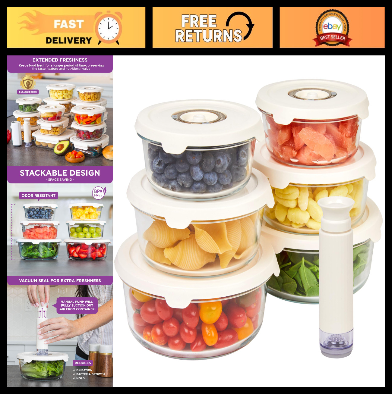 Vacuum Food Storage Containers Set of 6 – BPA-Free Glass, Leak-Proof, Meal Prep