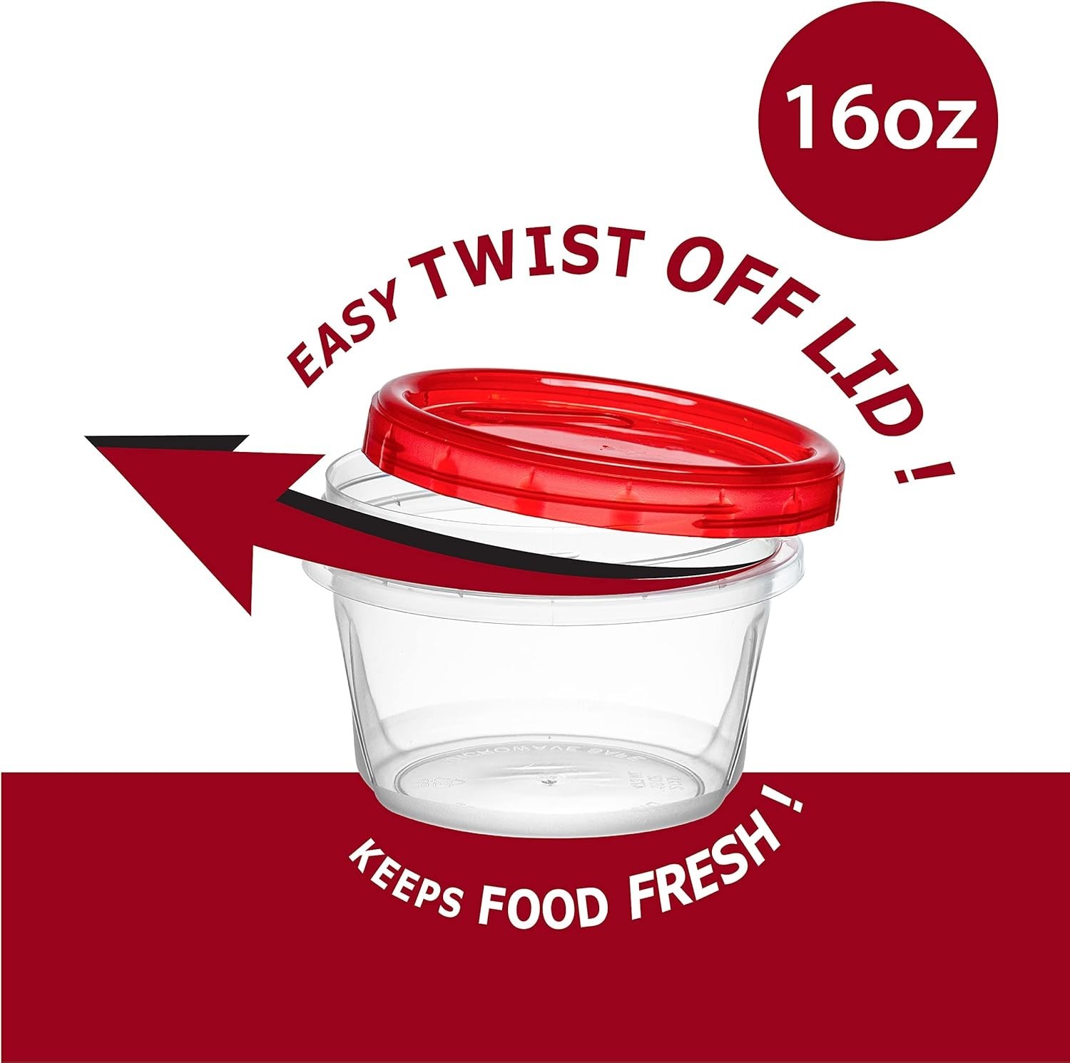 (16 Ounce 10 Pack) Twist Cap Containers Clear Bottom with Red Top Screw on Lids