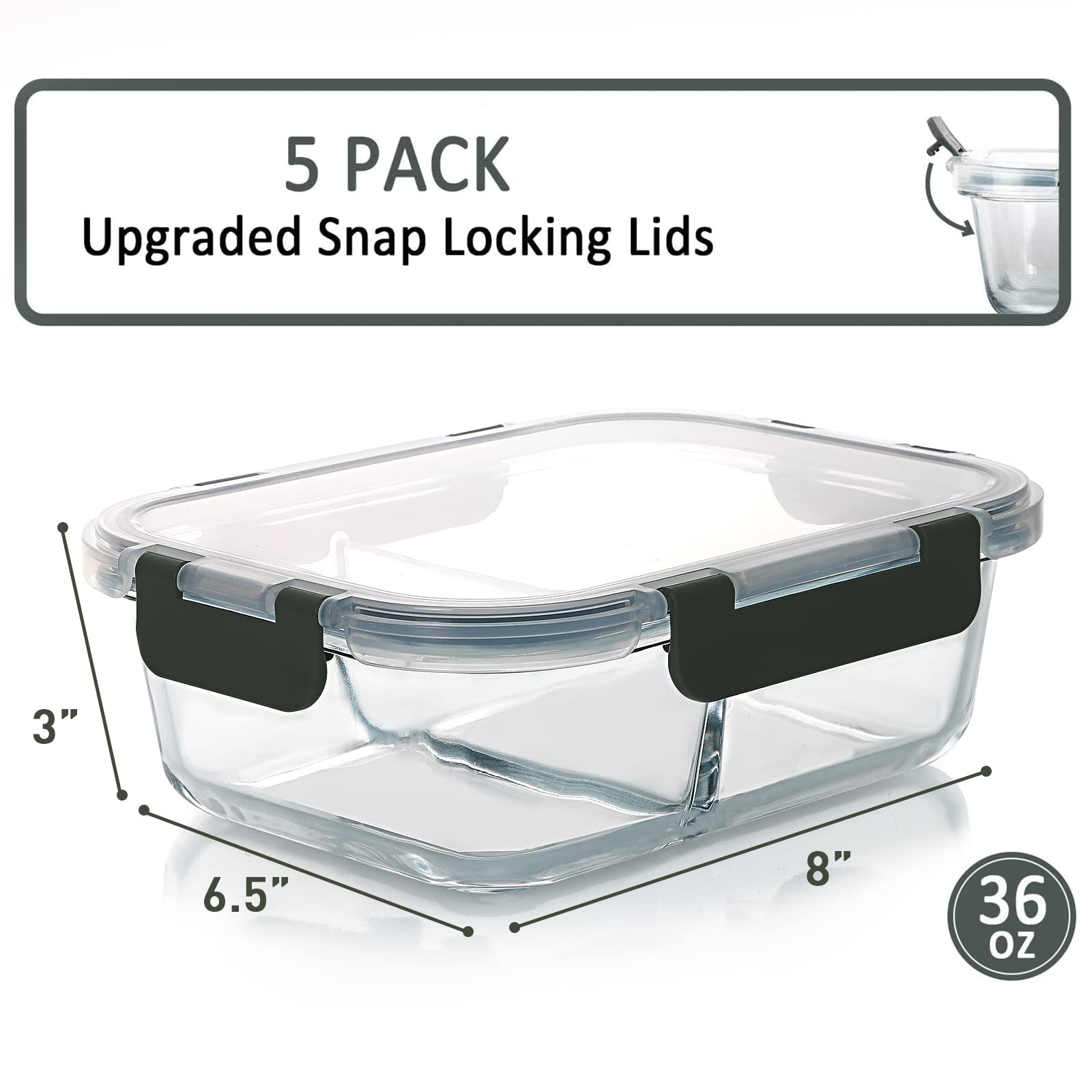 [5-Pack,36 Oz] Glass Meal Prep Containers 2 Compartments Portion Control with…