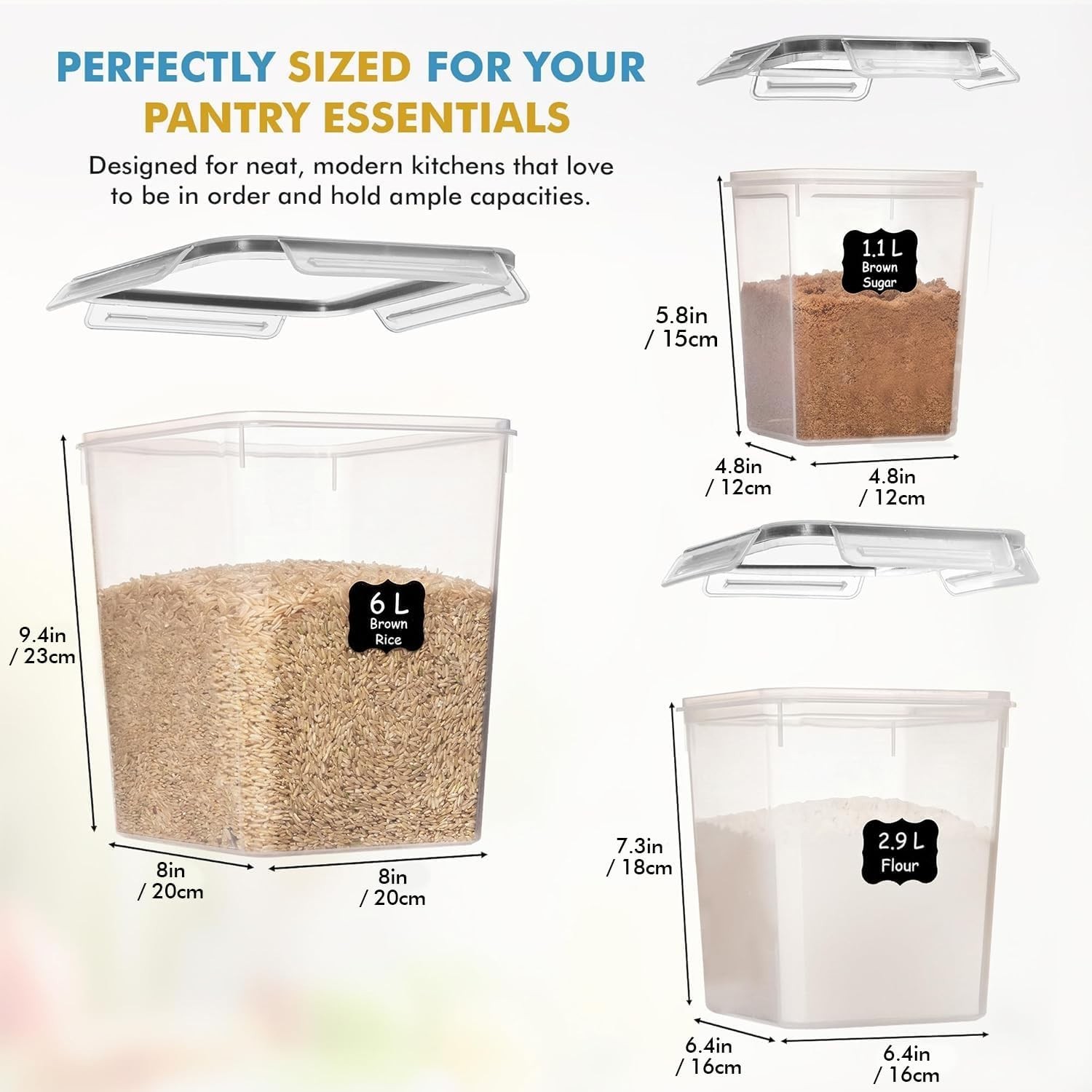 Flour Sugar Storage Containers Set of 3 6L, 2.9L, 1.1L Large Airtight Food St…