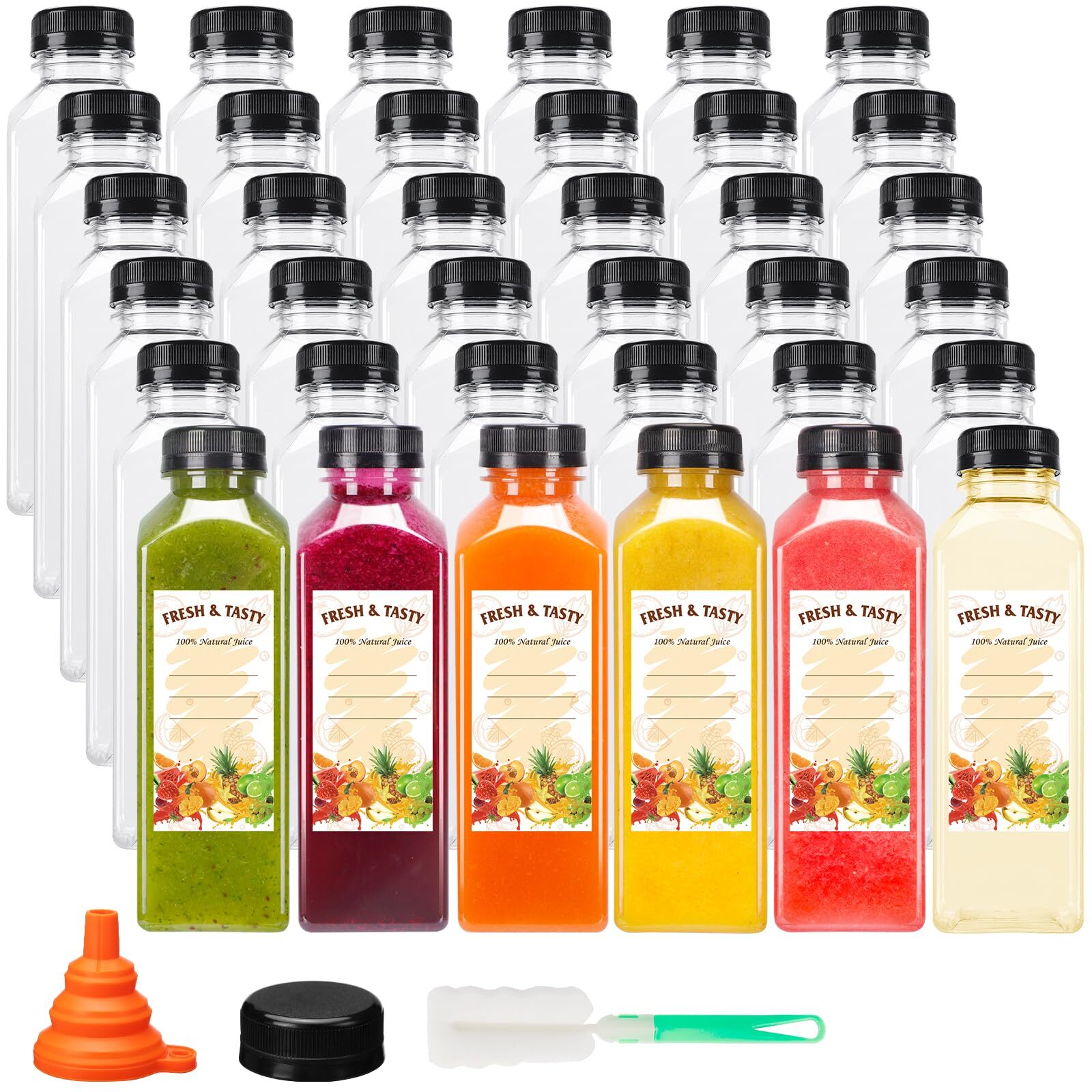 36pcs 16oz Empty Plastic Juice Bottles With Caps Reusable Clear Bulk Beverage Co
