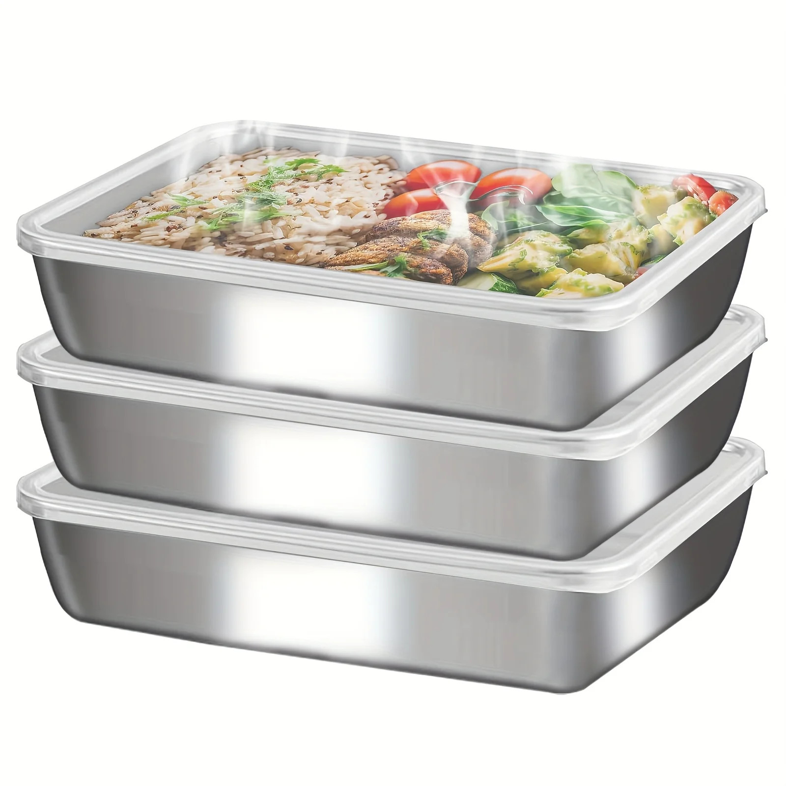 3Pcs Stainless Steel Food Containers & Lunch Box, Leakproof Stackable Clear Lids