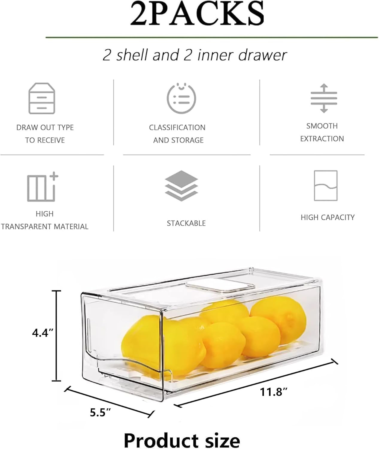 2 Pack Fruit Storage Containers for Fridge with Drain Board, Stackable Refrigera