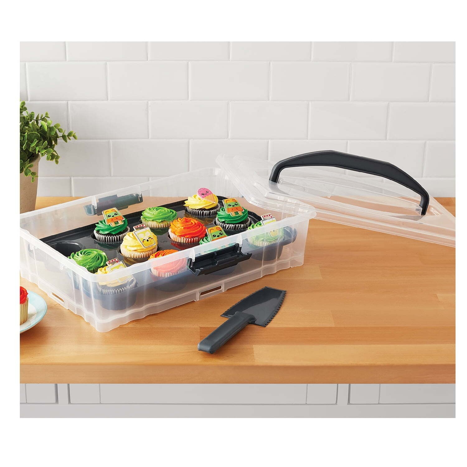 Dessert Carrier Rectangular Design Clear Plastic with Dark Gray Handle Clasps