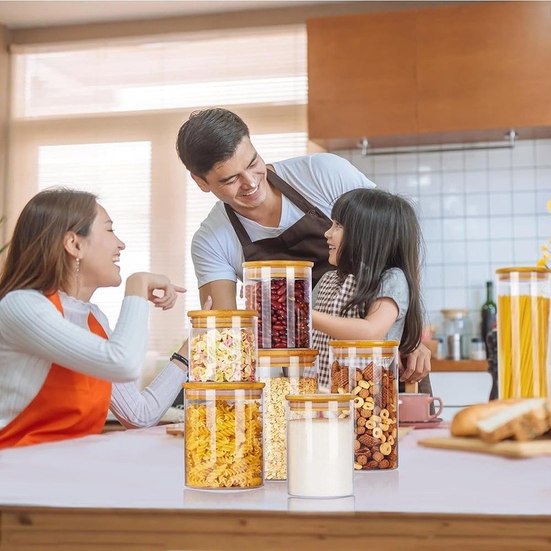 Premium Glass Storage Jars Set W/ Bamboo Lids 7pcs Ideal Food Organization New