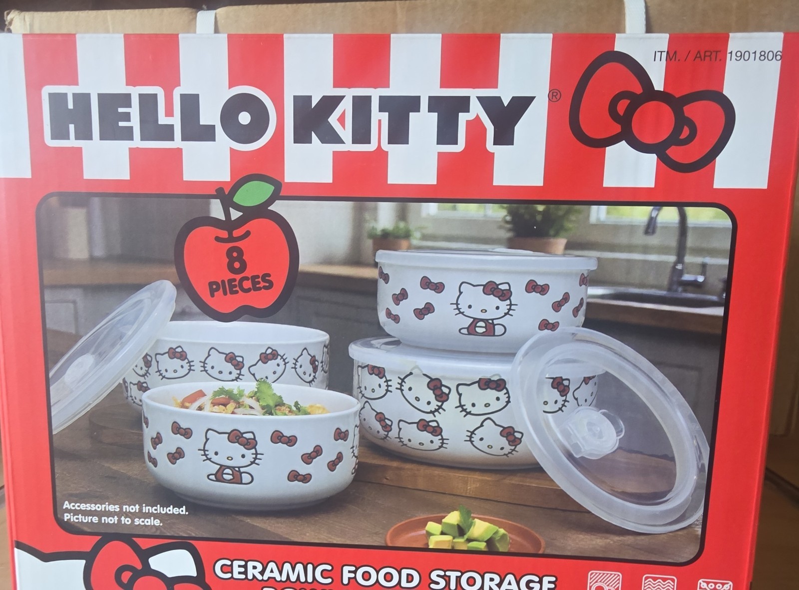 Hello Kitty Ceramic Bowl Set w/ Snap Lids 8pc White/Red/Clear Med/Lg