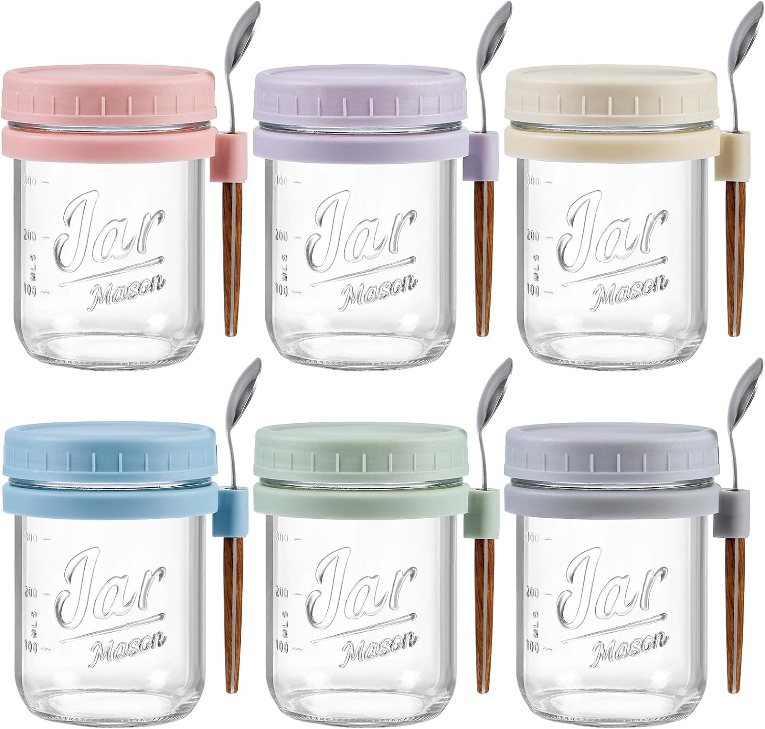 6 Pack Overnight Oats Containers with Lids and Spoons, 16 Oz Glass Mason Over…