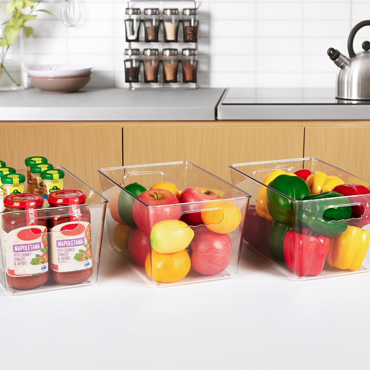 6 Pack Clear Pantry Organizer Bins Plastic Containers with Handle for Kitchen