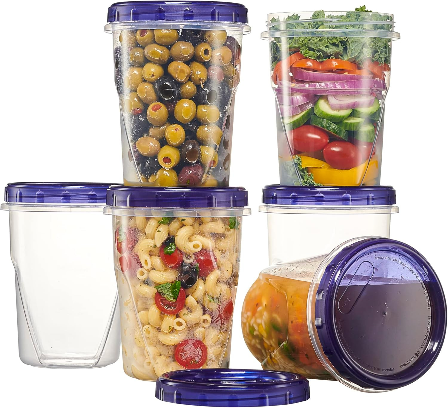 6 Pack Twist Cap Food Storage Containers with Blue Screw on Lid- 32 oz Reusable