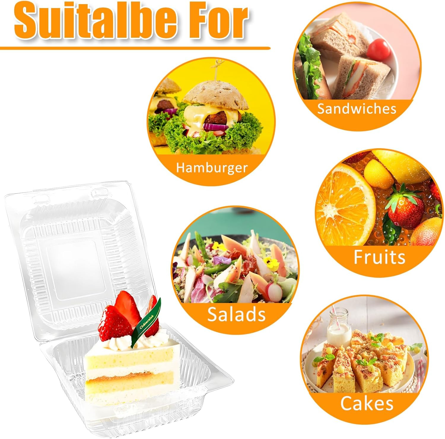 100 Pack Clear Plastic Square Hinged Food Clamshell Container,Disposable To Go C