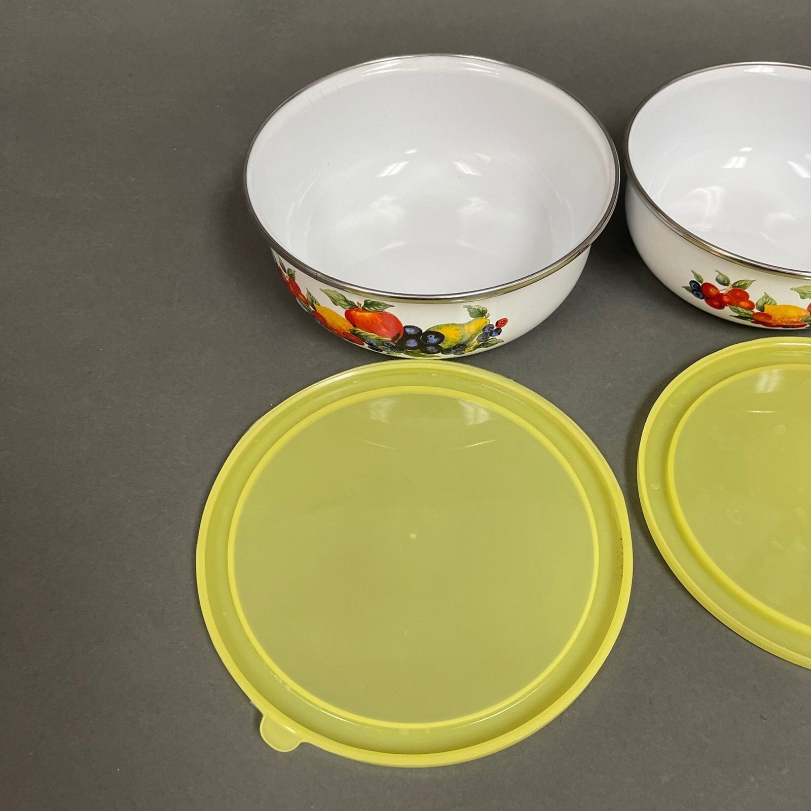 Food Storage Containers with Yellow Lids Fruits White Lot of 2