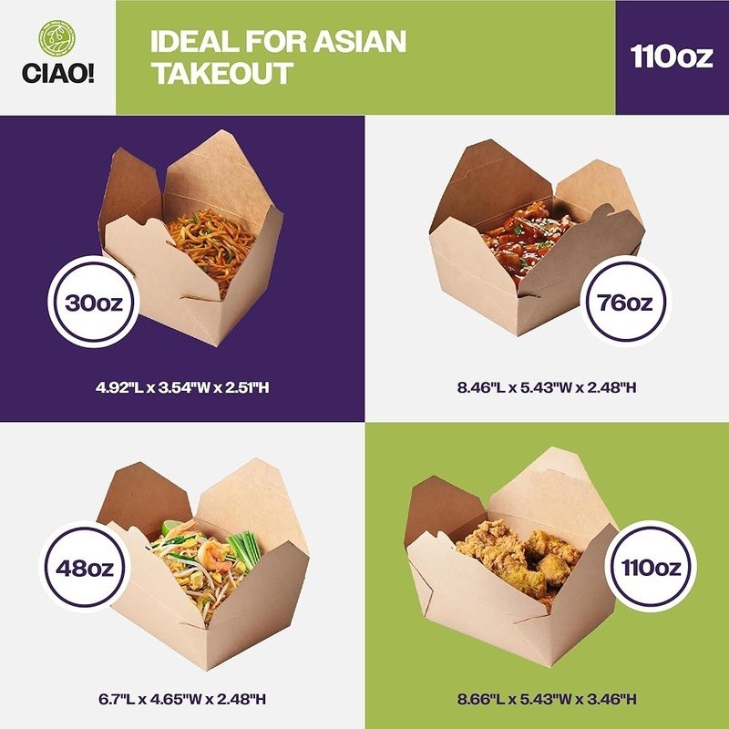 Microwavable Eco-Friendly Heavy Kraft Paper Asian Take Out Containers 160 Count