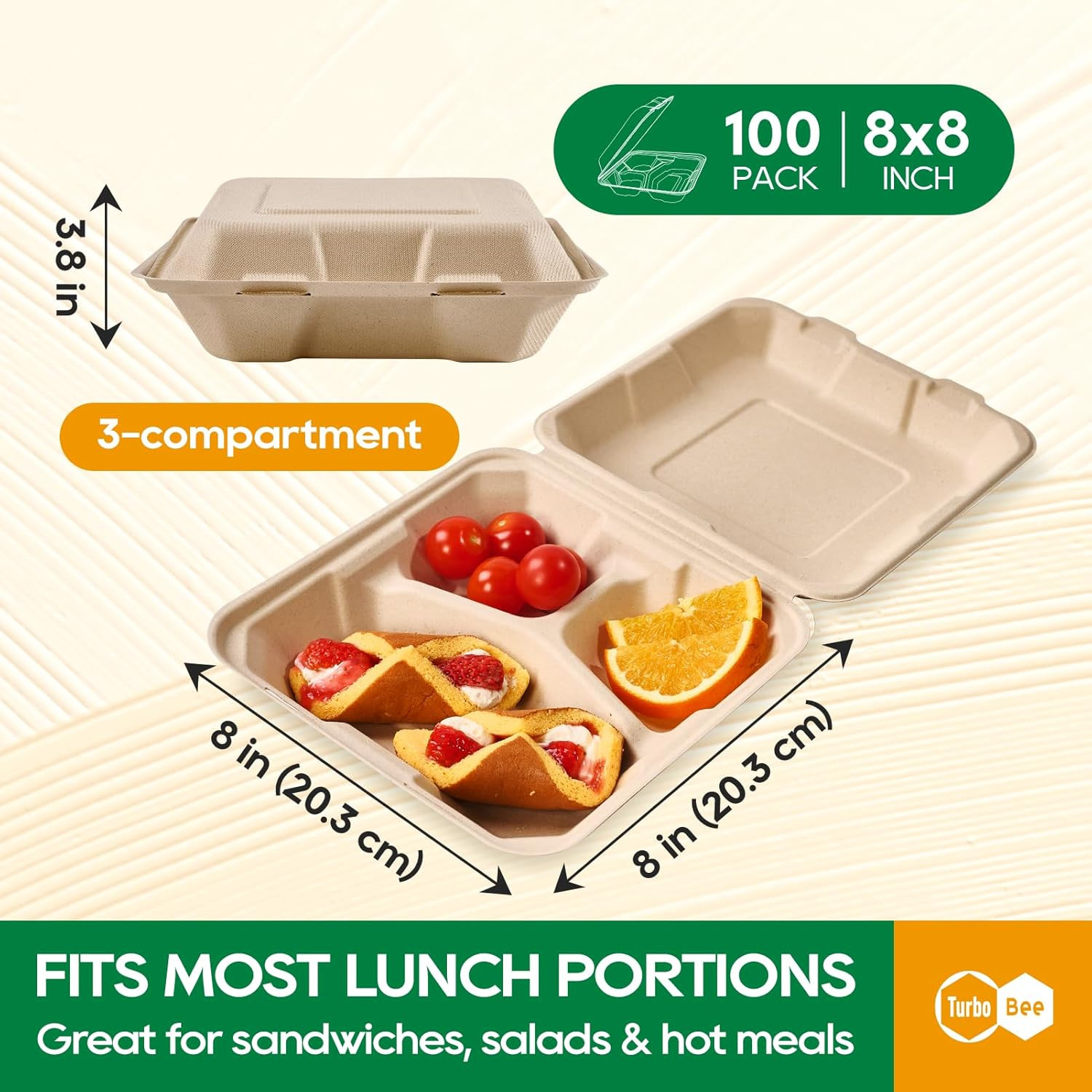 100 Pack 8X8Inch Natural 3 Compartment Take Out Containers with Lids, Disposable