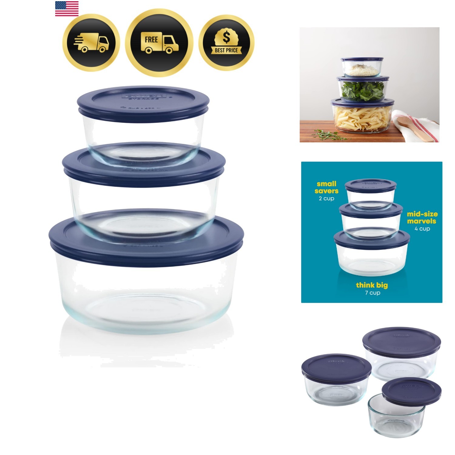 Simply Store 3-Pack Glass Food Storage Containers Set, 2, 4 & 7 Cup Meal Prep…