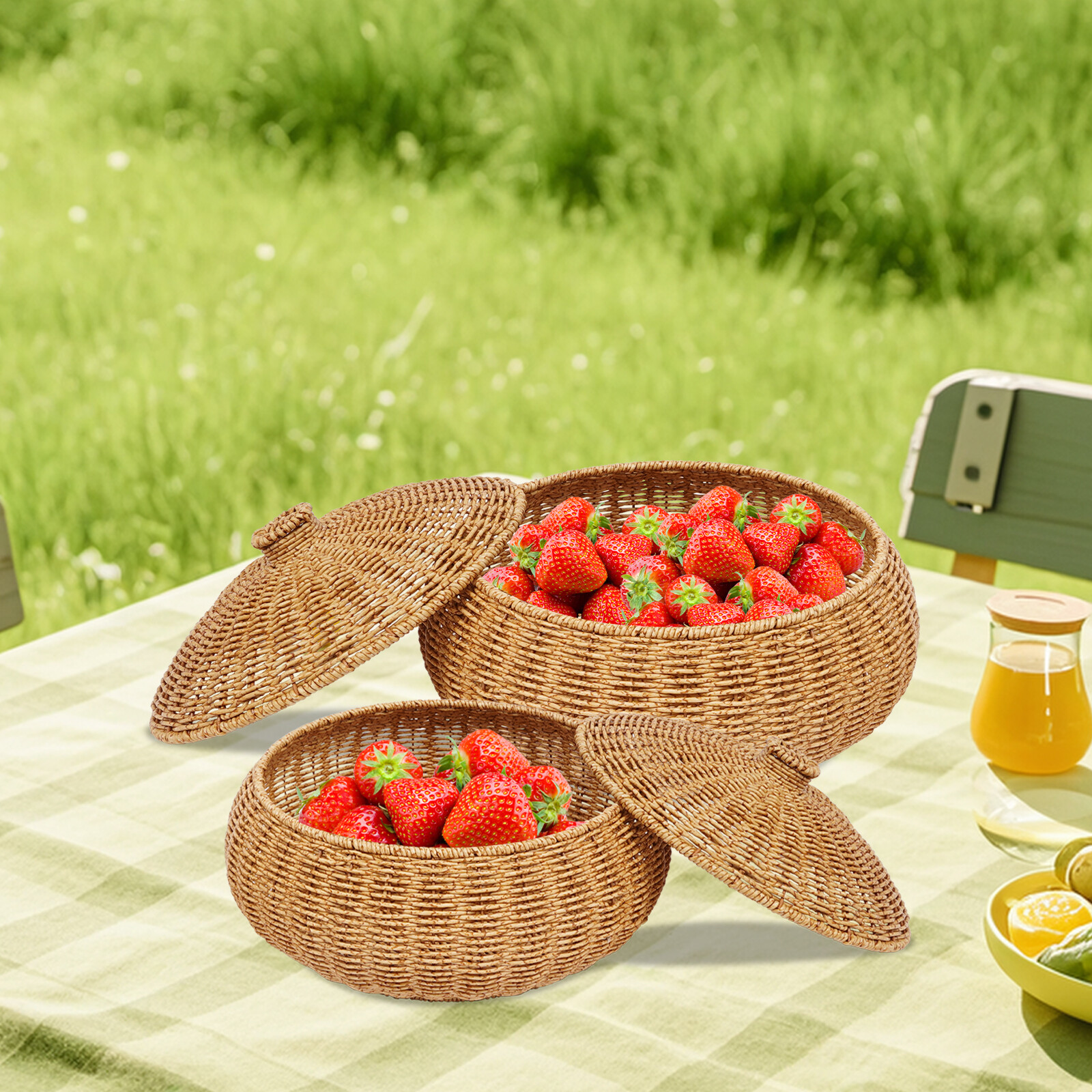 2PCS Vintage Farmhouse Round Hand Woven Storage Basket with Lids for Home