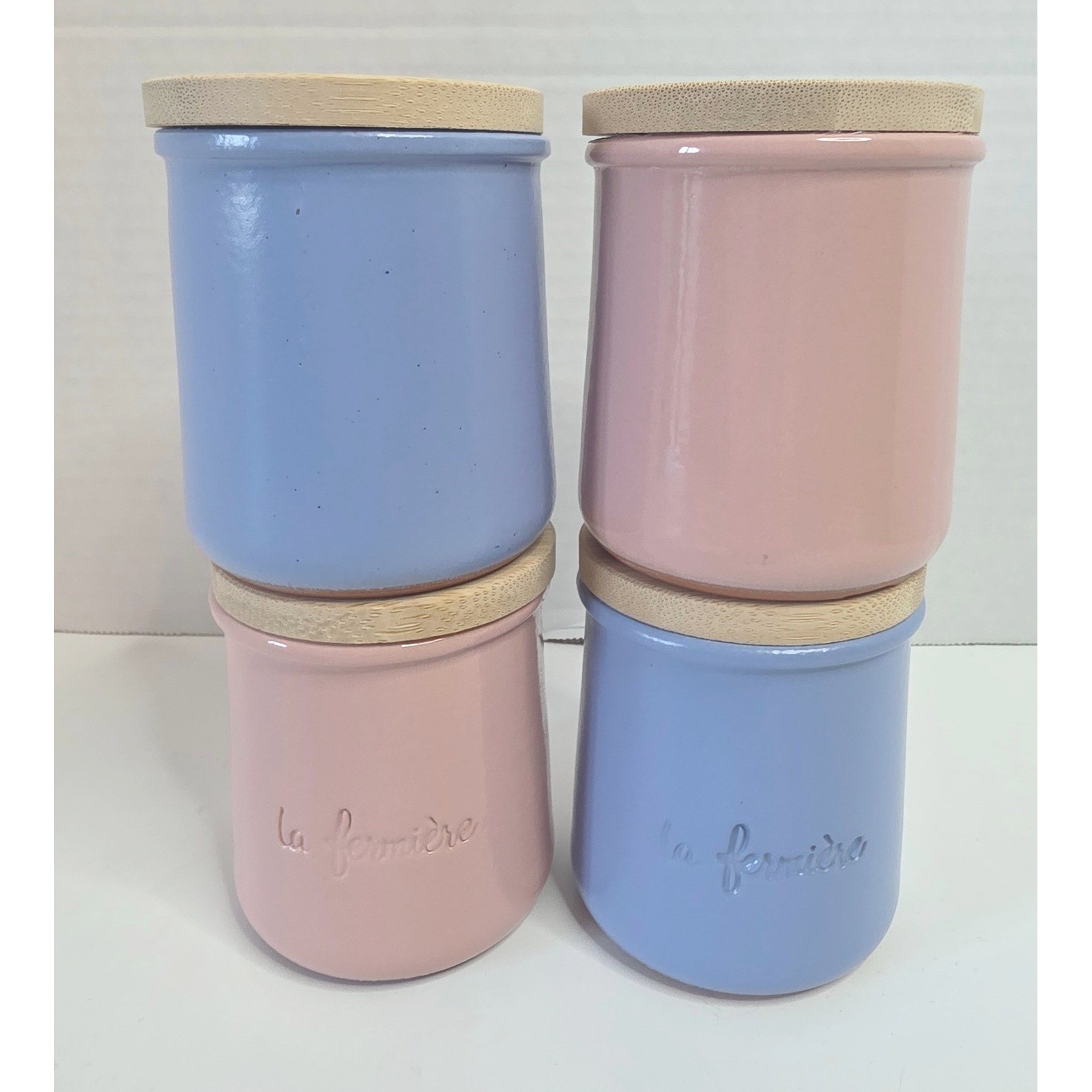 La Fermiere Terracotta Yogurt Jars Set of 4 Pink Blue Ceramic Pots Bamboo Lids