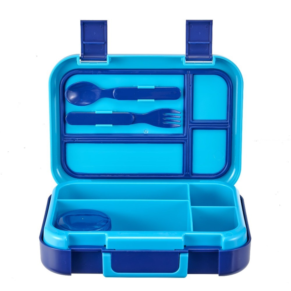 Kids Bento Lunch Box with Utensils, Blue, 4-Compartment Food Container