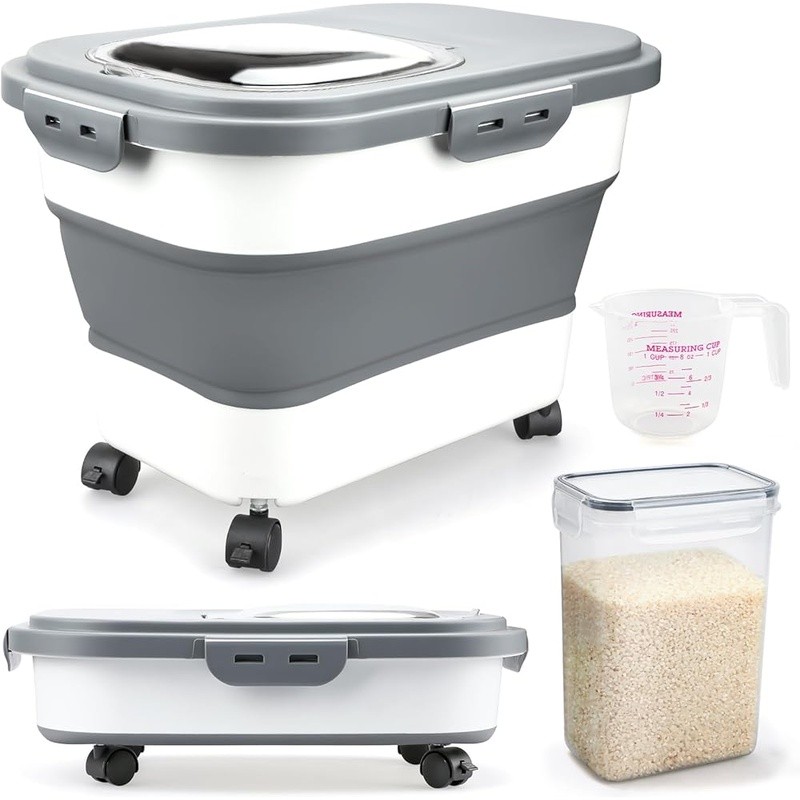 Collapsible Rice Storage Bin W/ Wheels Airtight Lid Measuring Cup 30lb New