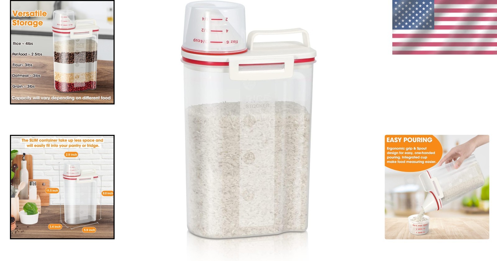 Compact Rice Storage Container, Air Tight with Measuring Cup
