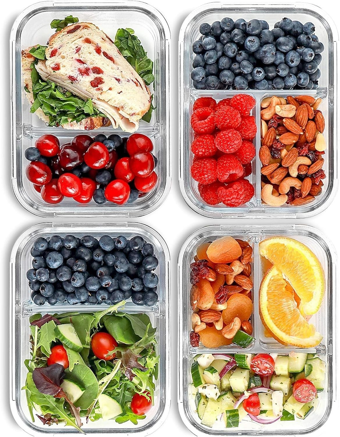 2 & 3 Compartment Glass Meal Prep Containers 4 Pack 32 oz Glass Food Storage