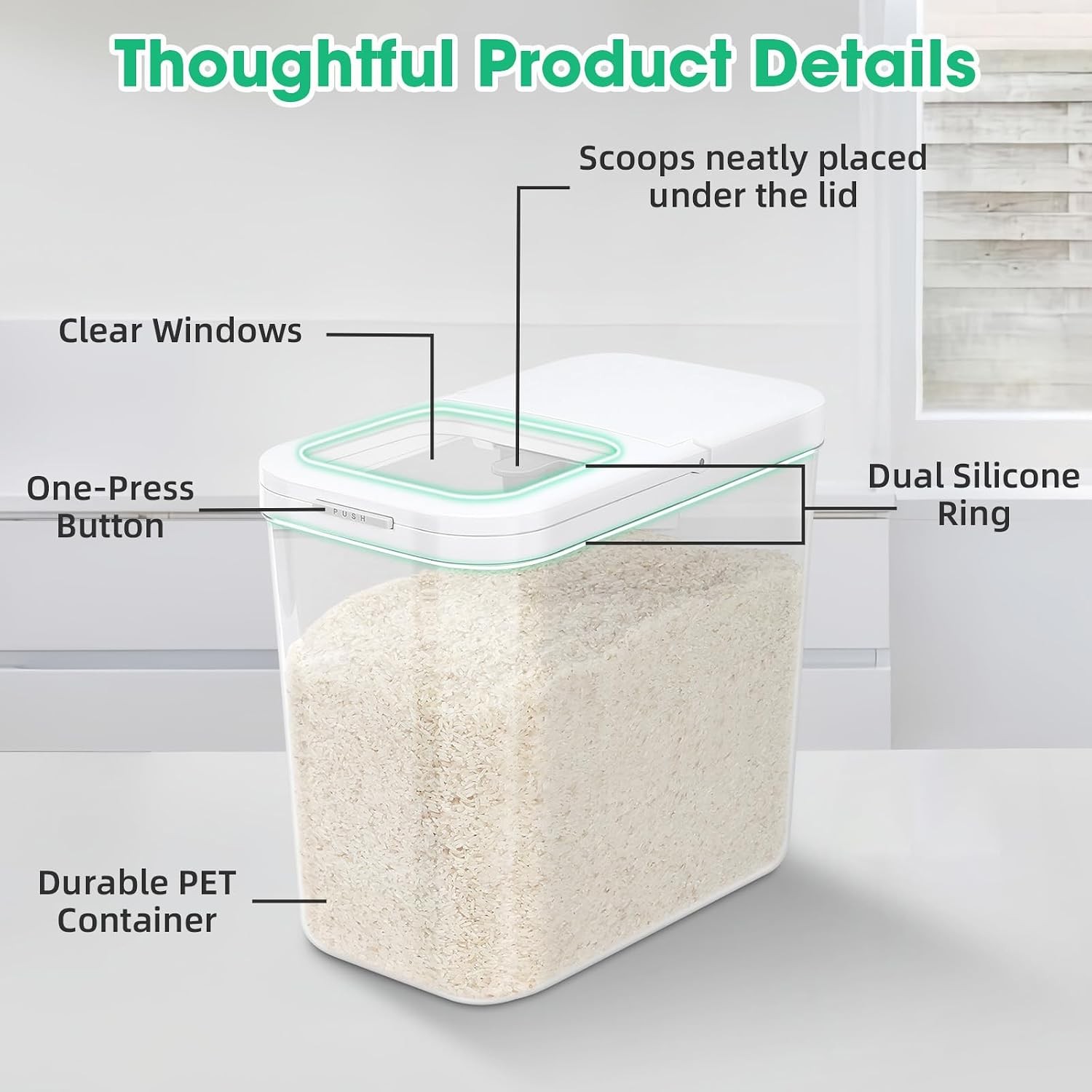 Rice Flour Storage Container W/ Automatic Flip-up Lid 25 Lbs 12.68 Qt Tall