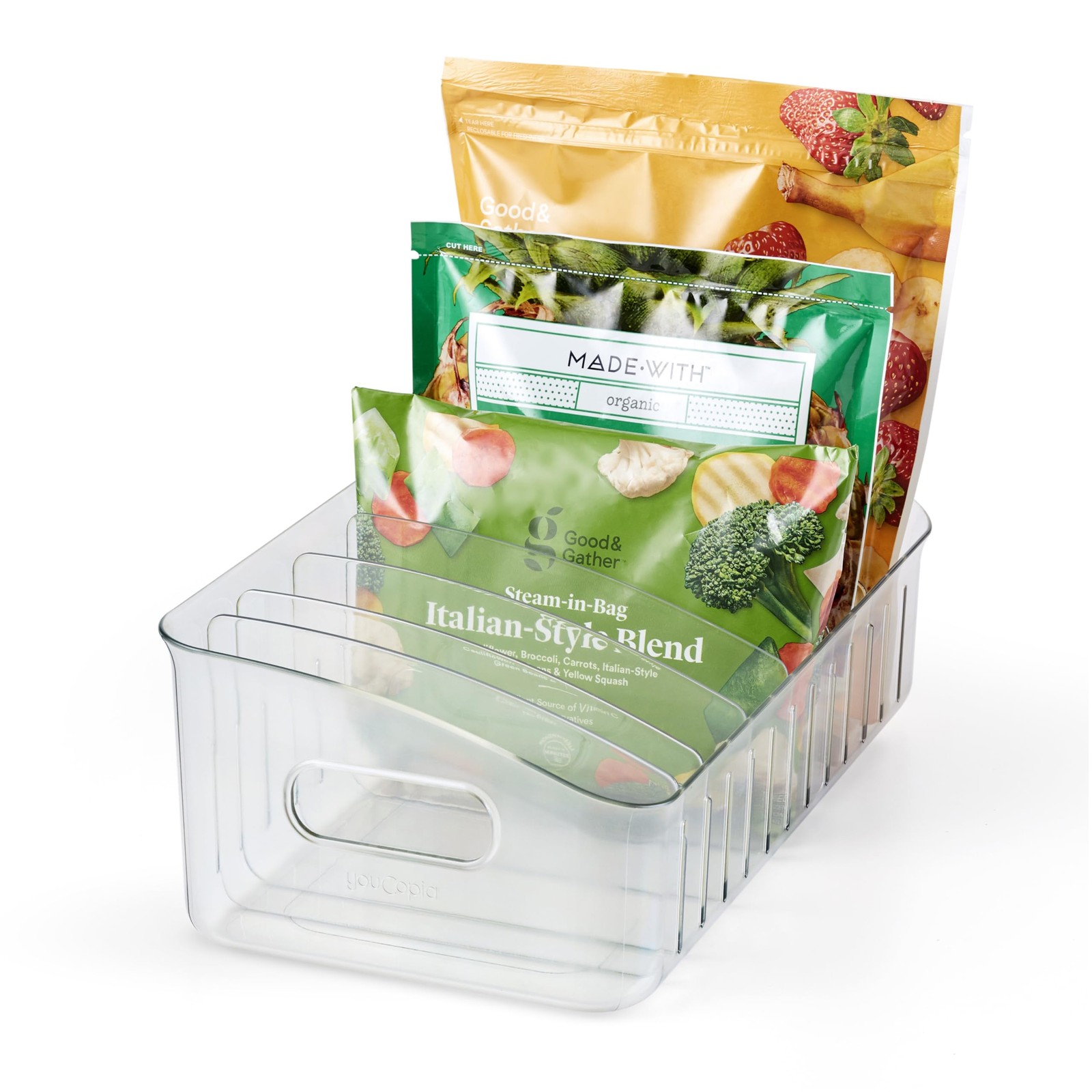 FreezeUp Freezer Bin 15″, BPA-Clear Fridge Organizer with Adjustable Dividers.