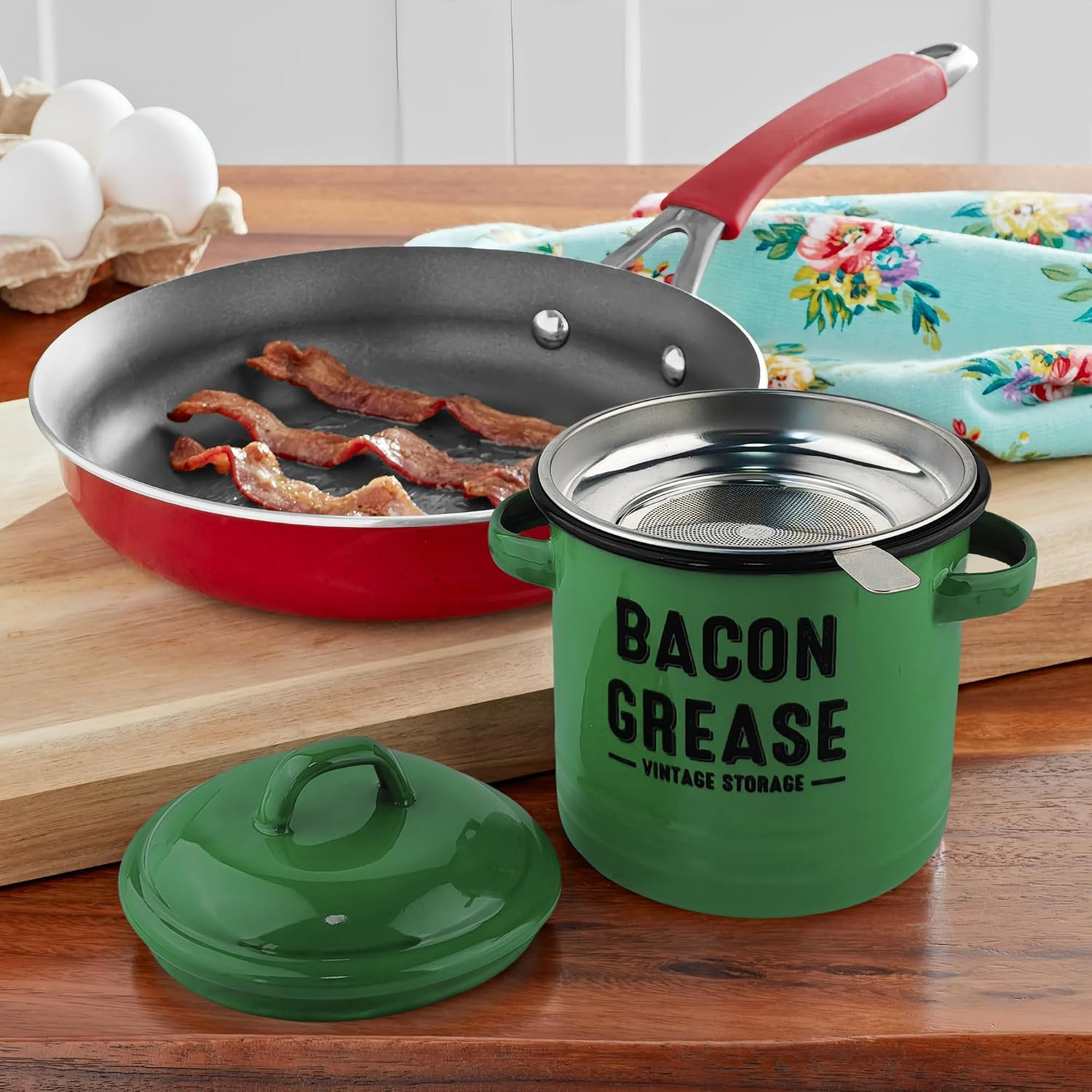 YOKODU 42Oz Bacon Grease Container with Strainer,Enamel Ceramic Bacon Fat Can fo