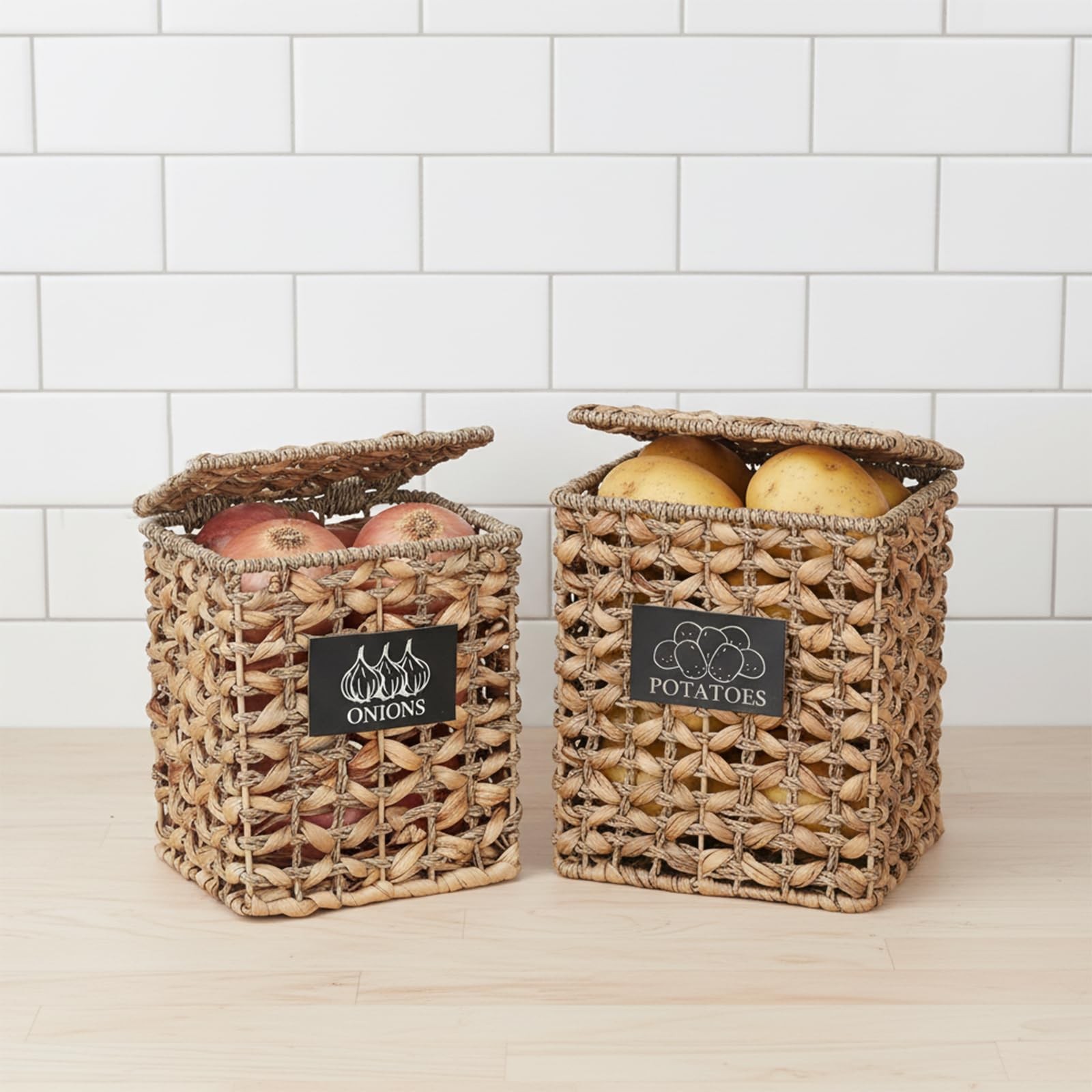 Mowhut 2 Pack Potato and Onion Storage Bin, Stackable Woven Basket with Lid, …