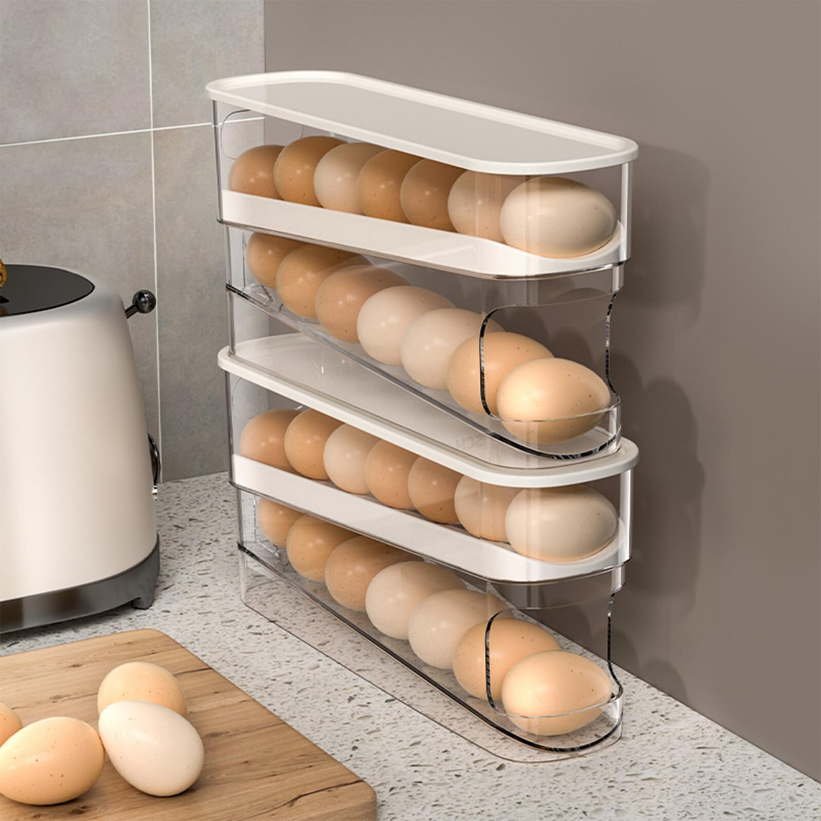 Auto Rolling Fridge Egg Organizer Space Saving Eggs Dispenser Refrigerator NEW