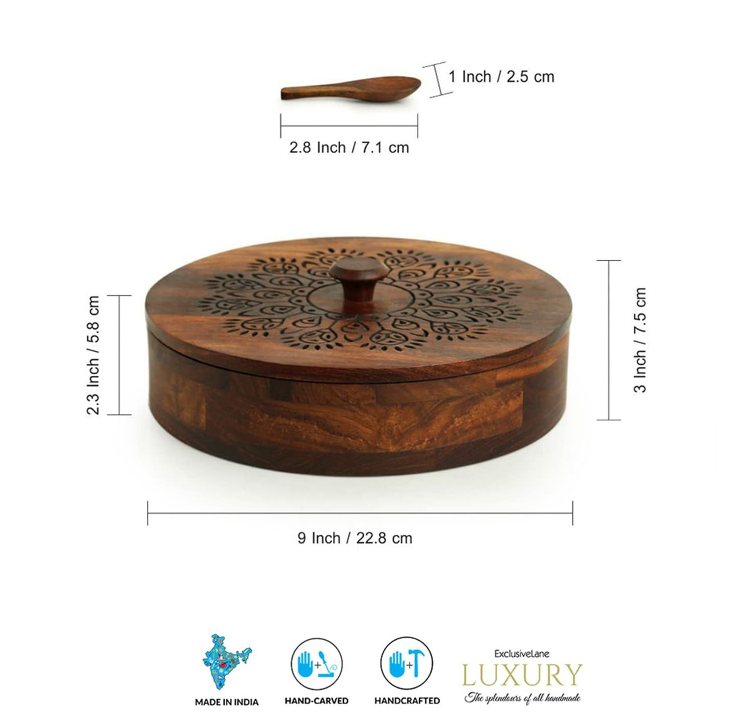 Sheesham Wood Spice Box for Kitchen with Spoon 7 Partitions 120 ml Each