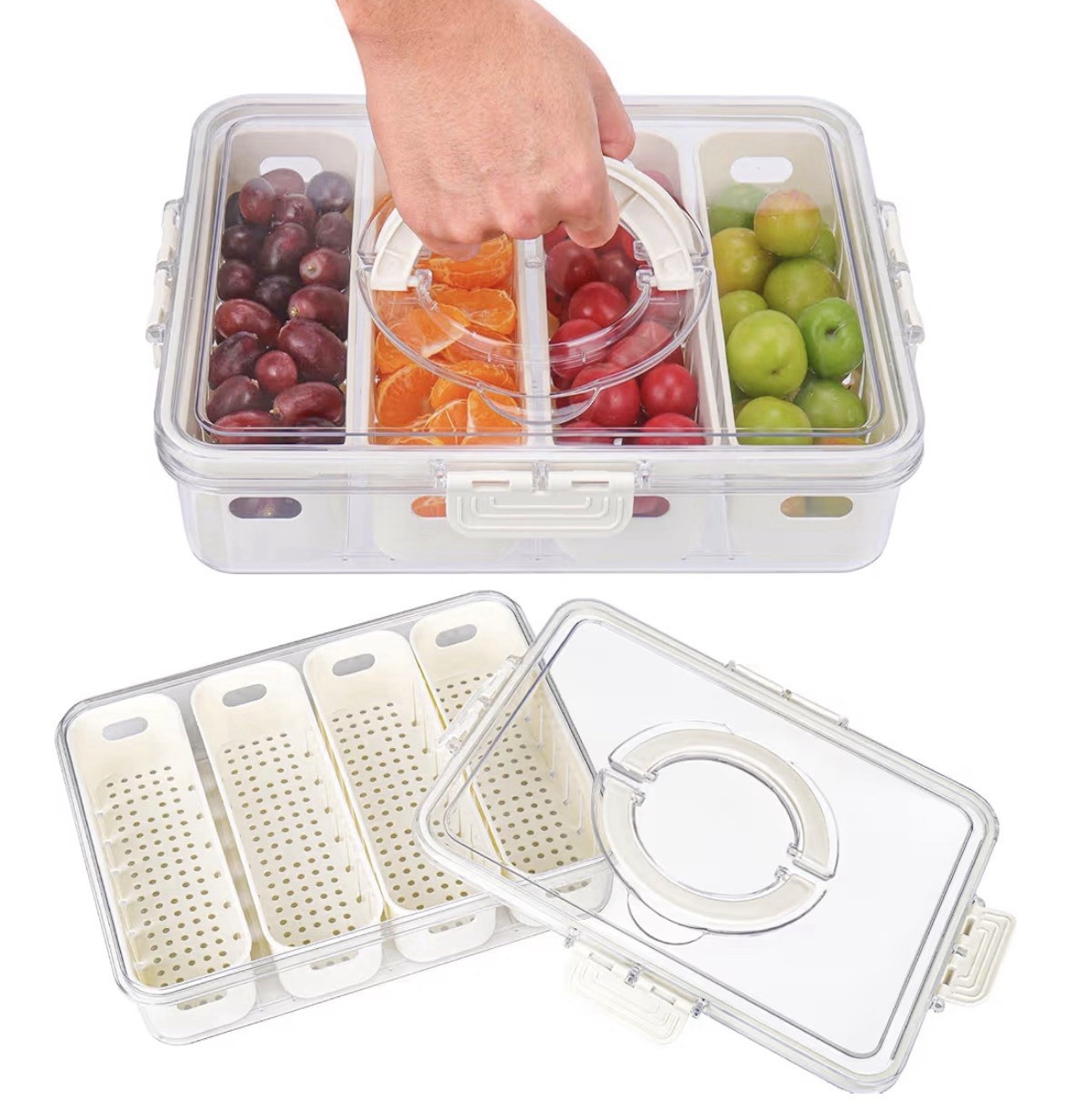 4 Compartment Snack Storage Container With Lid 1L BPA Free Plastic White New