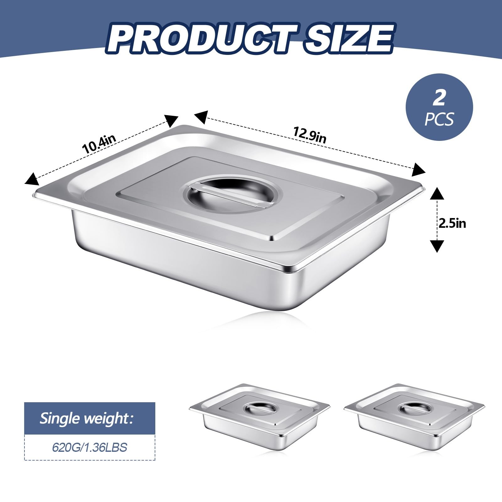 Stainless Steam Hotel Pan with Lid, 2-1/2 Inch Deep Steam Table Pan Restauran…