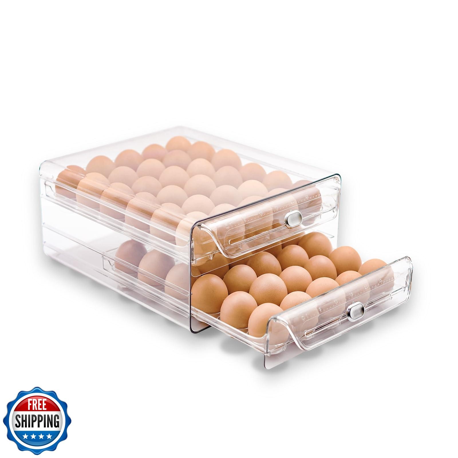 MFBJXC Egg Holder for Refrigerator,60 Eggs Clear Drawer Organizer,2 Layer Sta