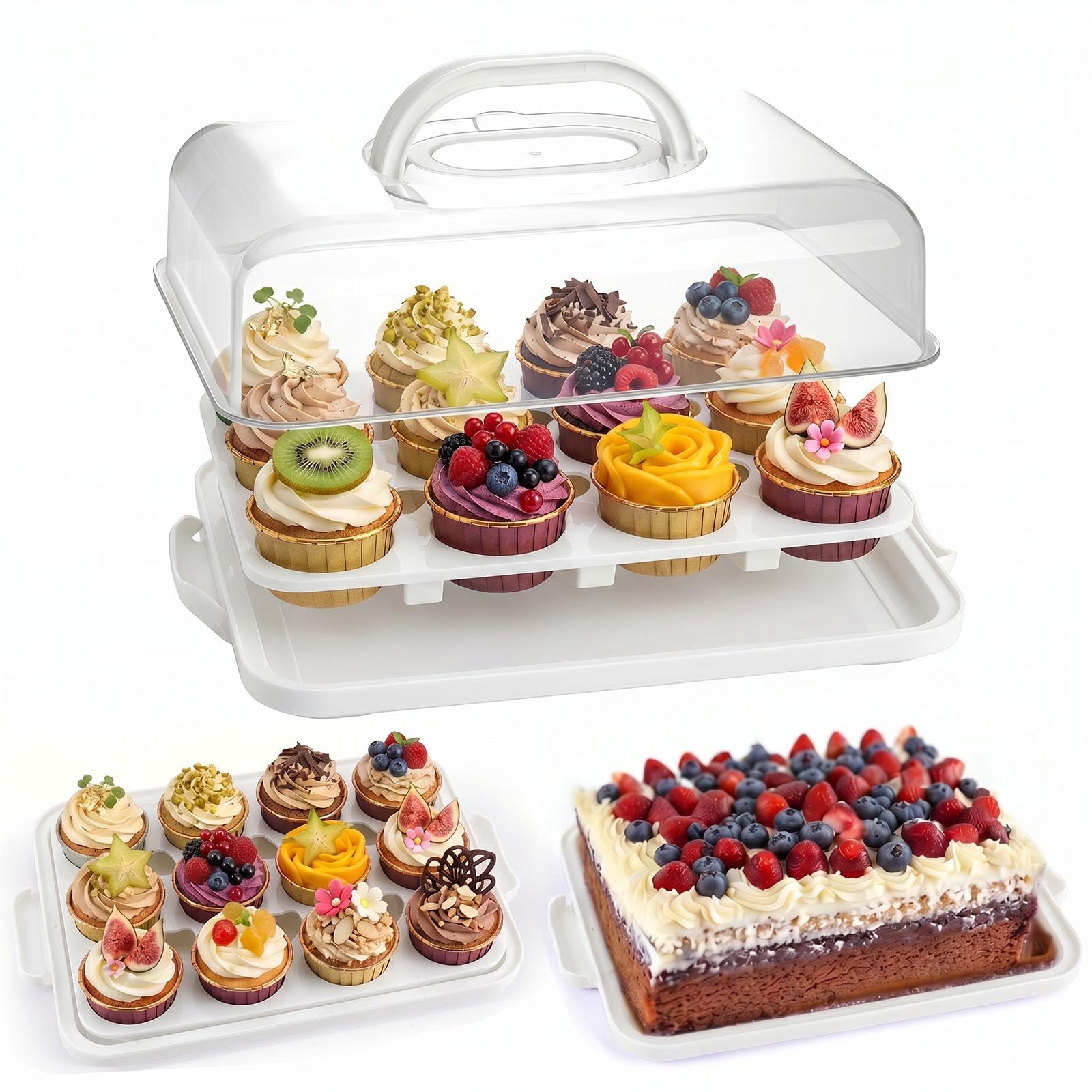 Cake Carrier with Lid and Handle, 12 Capacity Cupcake Carrier, 2-in-1 Rectang…