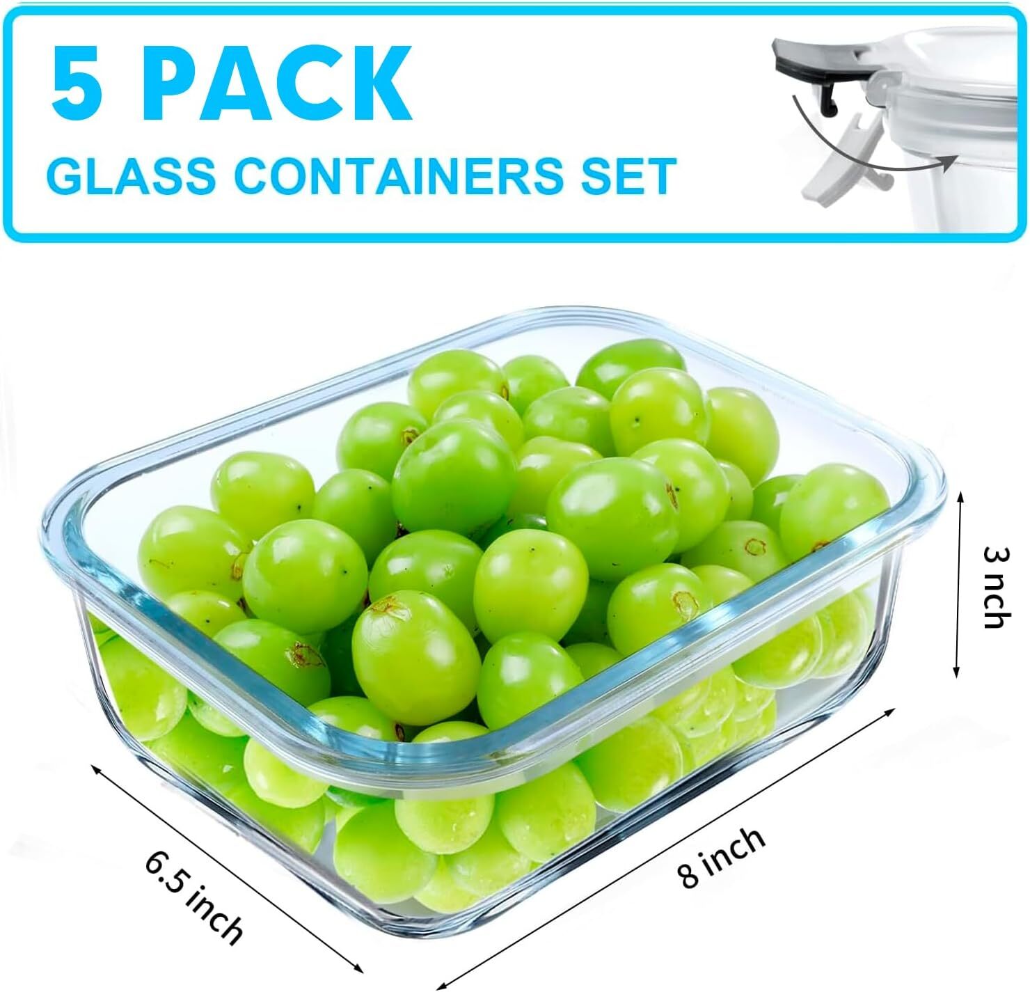 VERONES 5 Pack 36 OZ Glass Meal Prep Containers, Airtight Lunch Green