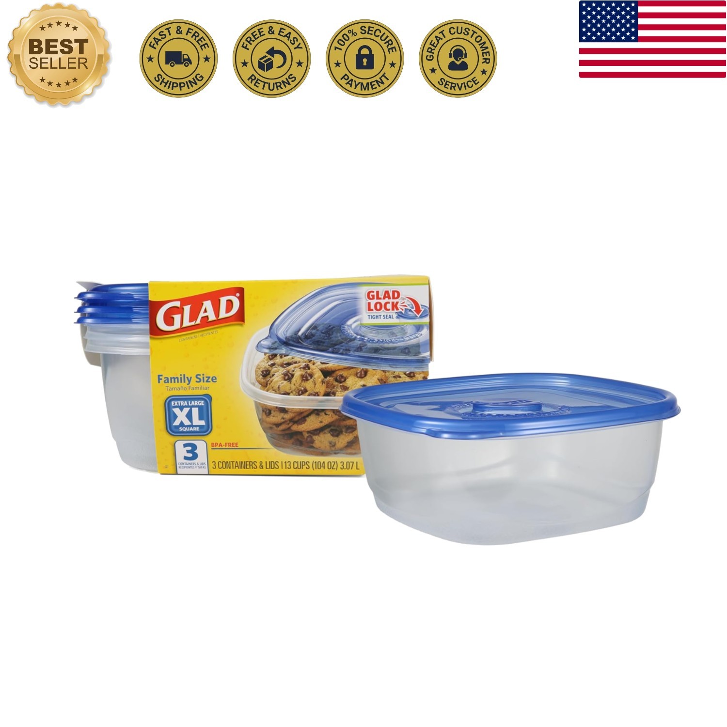 Ware XL 104 Oz Square Food Storage Containers – BPA-Free, 3 Count of Family Size