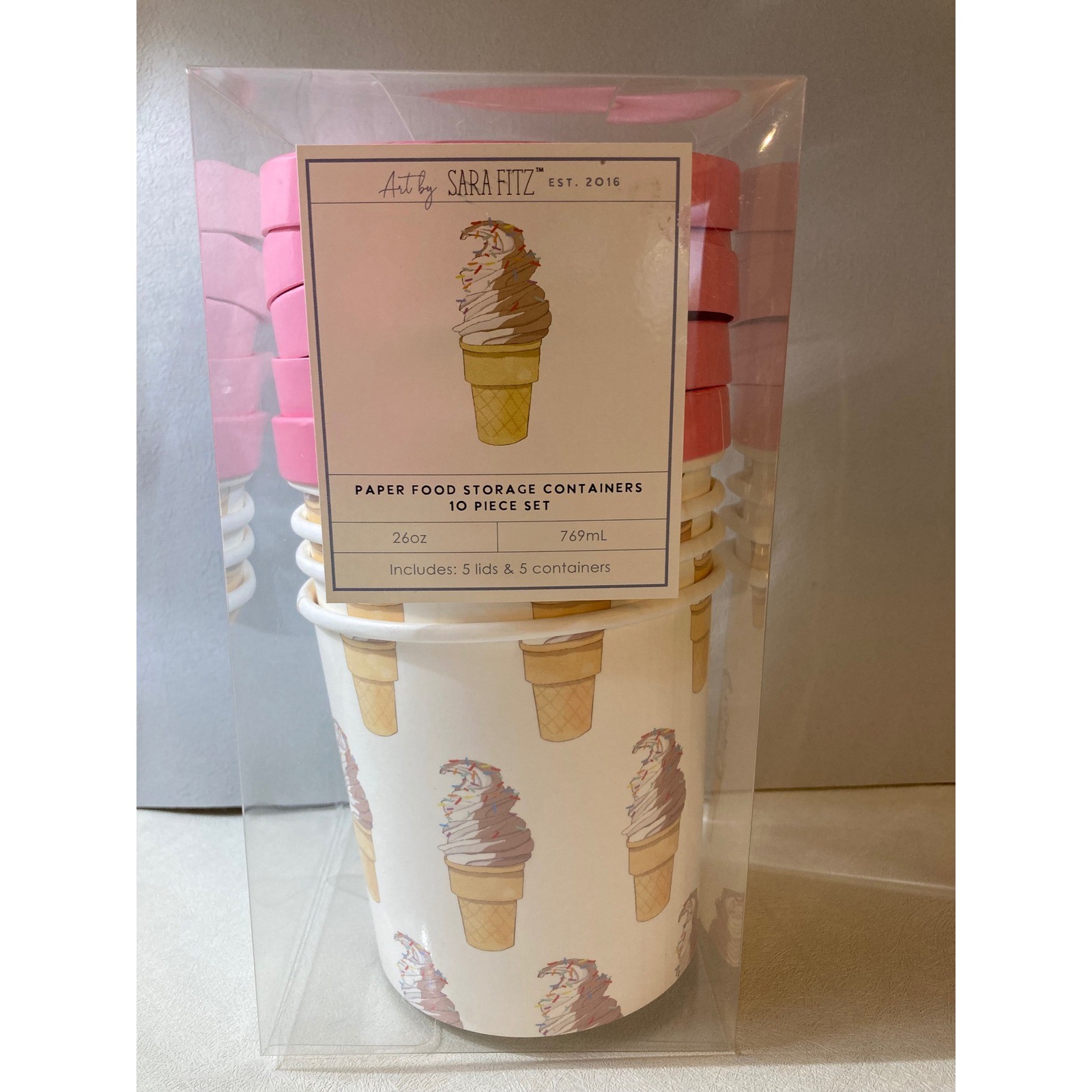 Art by Sara Fitz Ice Cream Paper Food Storage Containers 10 Piece Set 26oz Pink
