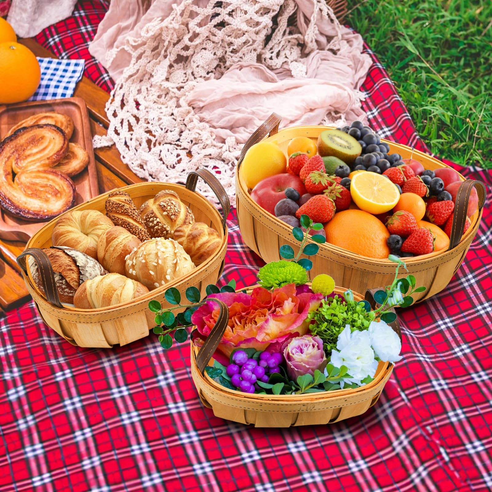 3 Pack Wooden Bread Baskets, Wood Chip Picnic Basket with Handles, Handmade W…