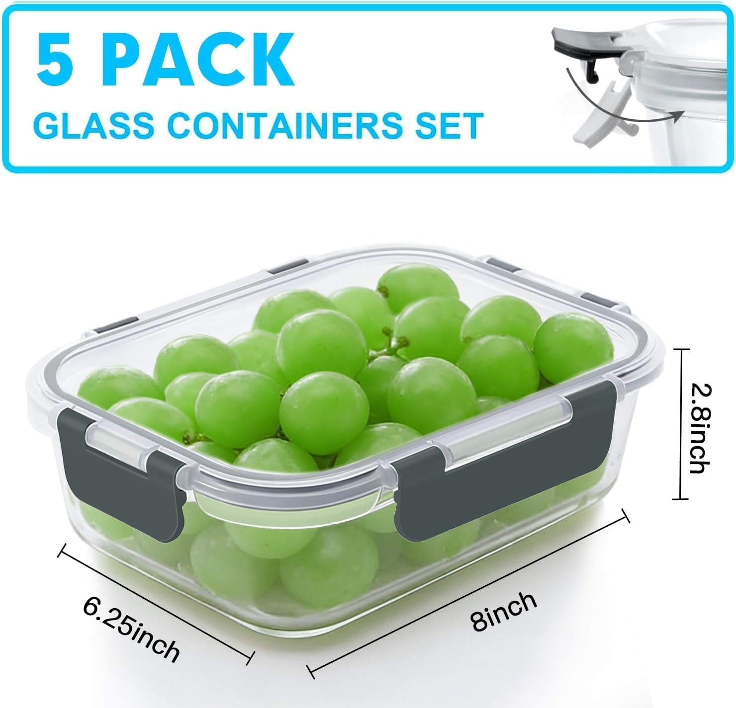5 Pack 36 Oz Glass Meal Prep Containers Airtight Lunch Food Lids Exclusive BPA