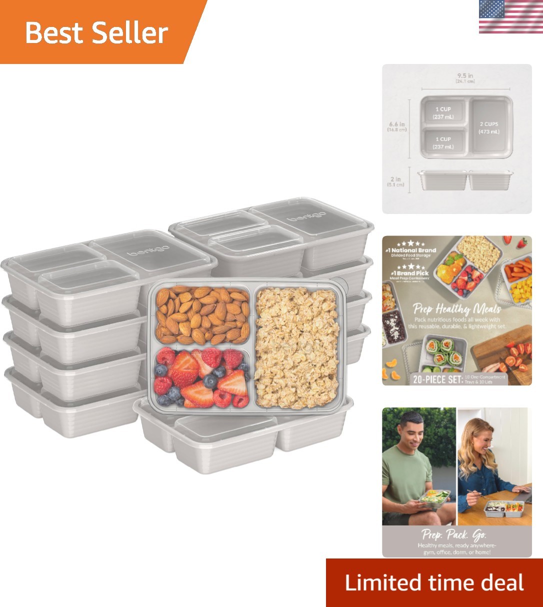 3-Compartment Meal Prep Container Set – 20 Pieces, Perfect for Healthy Portions