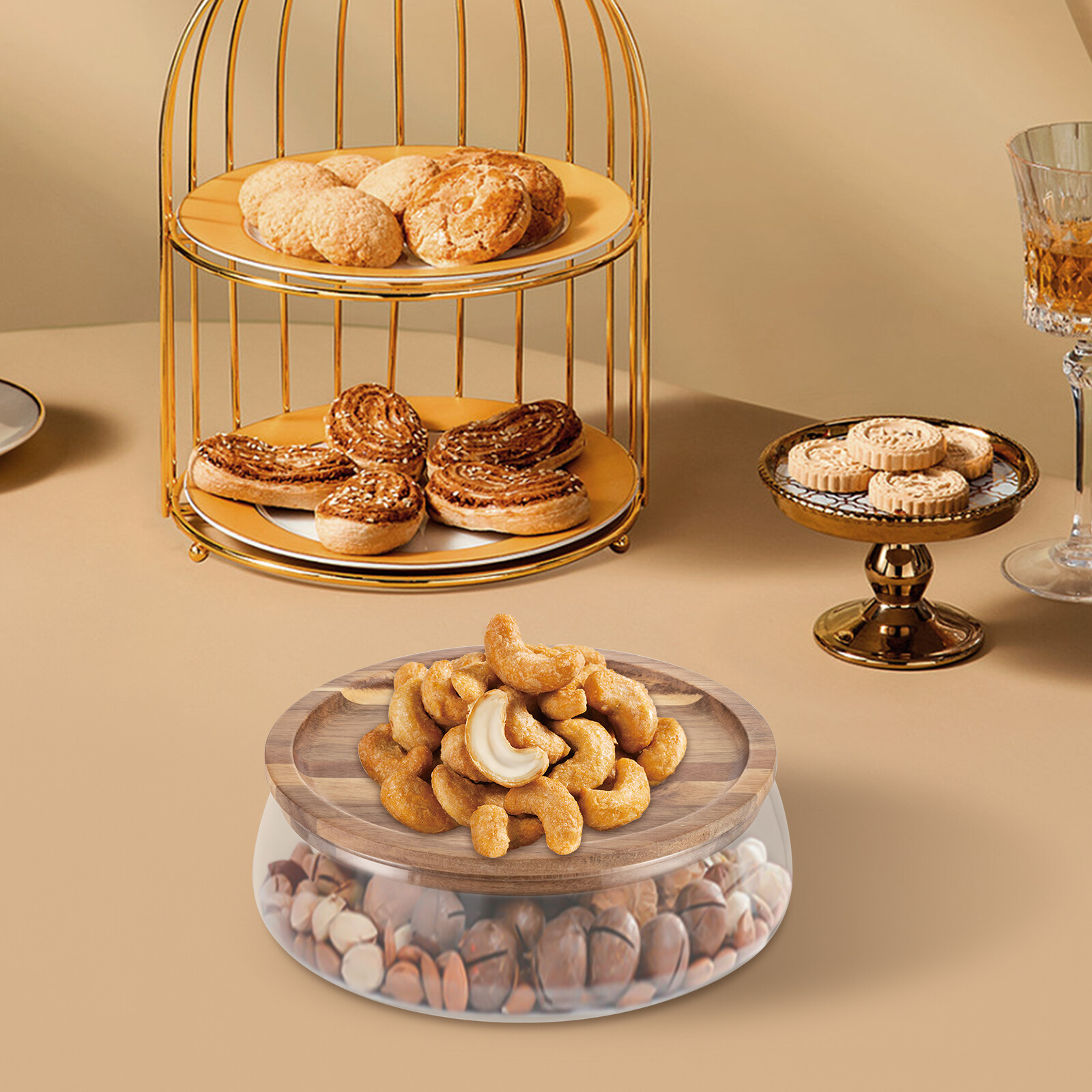 2000ml/70oz 3.07in High Glass Candy And Nuts Serving Container With Wooden Lid