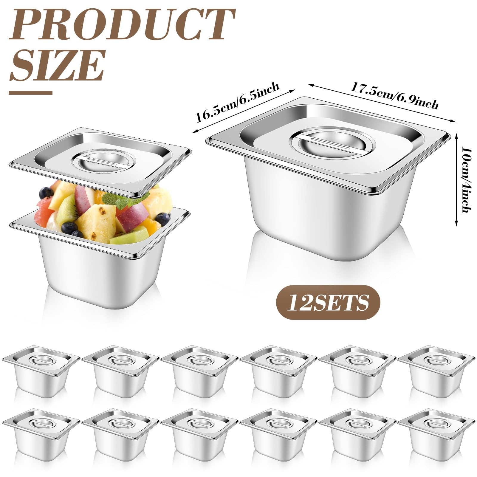 12 Set 1/6 Size Stainless Steel Hotel Pans with Lids 4″ Deep Steam Table Pan …