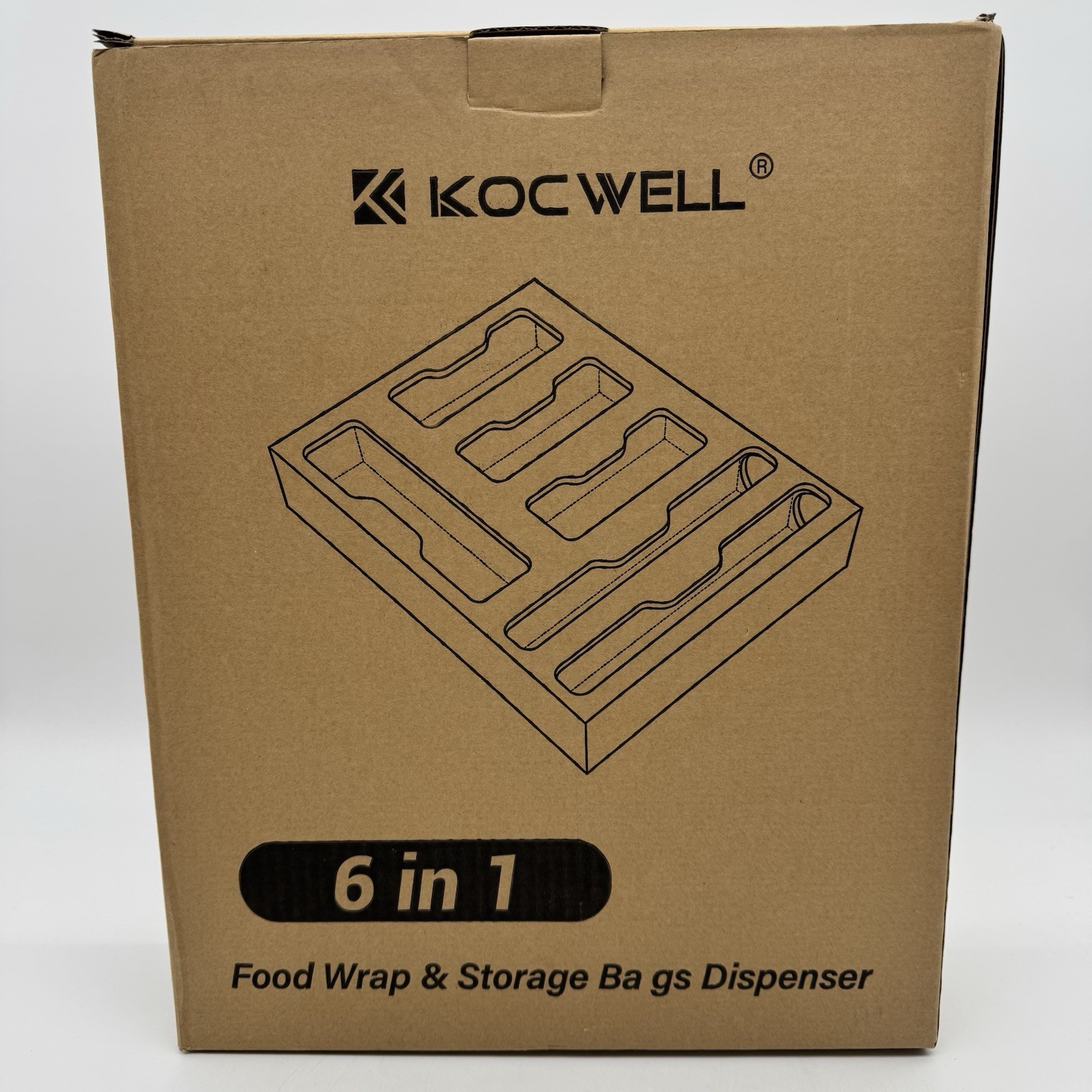 KOCWELL Bag Organizer Plastic Wrap Dispenser Cutter 6 In 1 Bamboo Kitchen Drawer