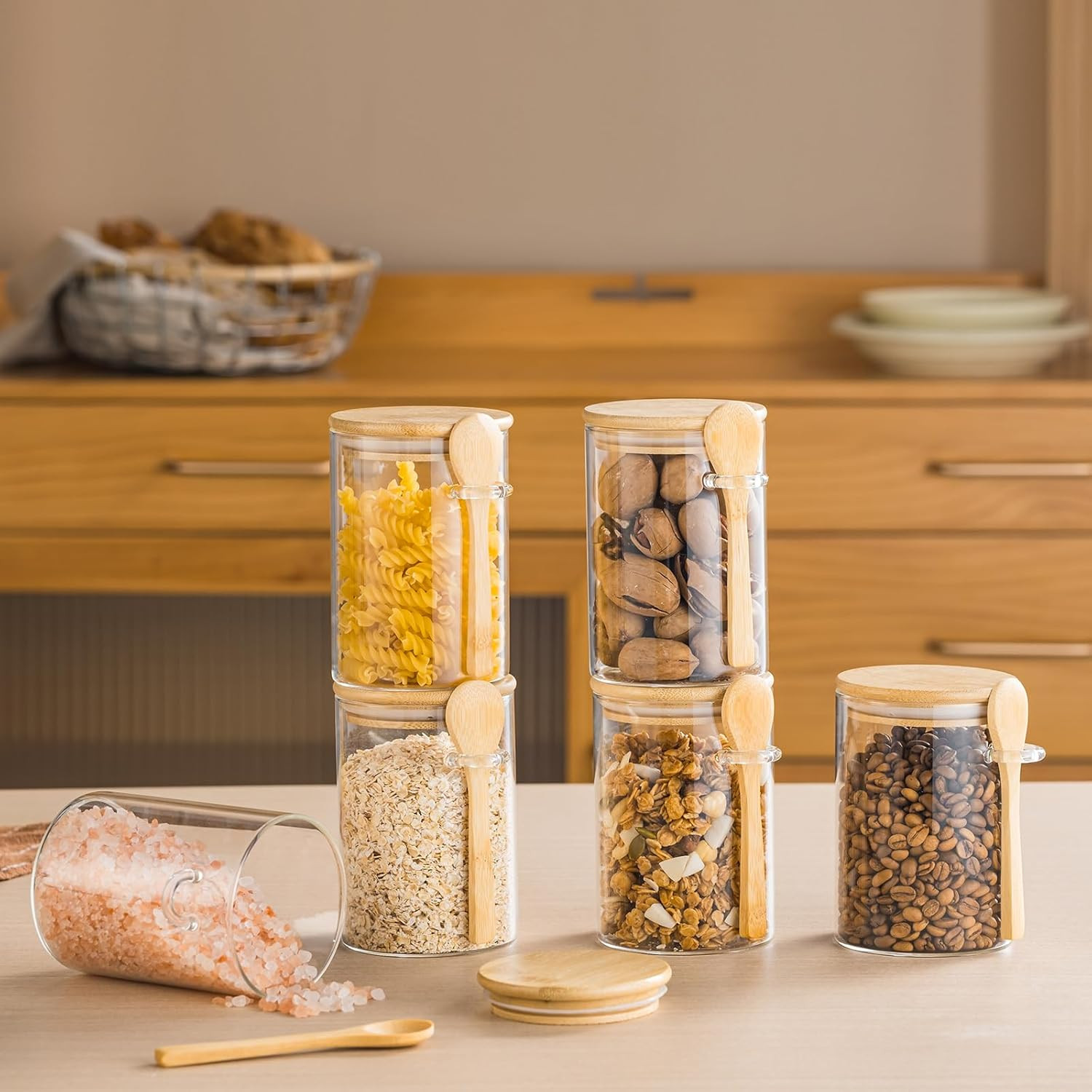 6 Pack 16Oz Glass Jars with Bamboo Lids and Spoons,Overnight Oats Container