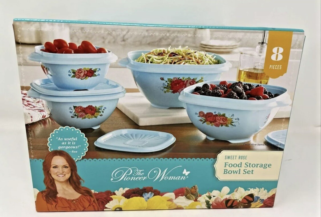 The Pioneer Woman Food Storage Bowls, 8-Piece Set – Sweet Rose Print in Blue,NEW
