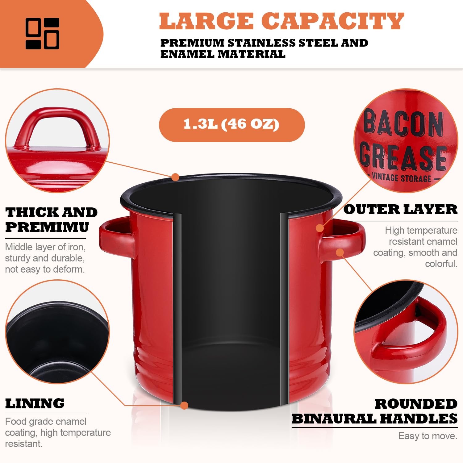 Bacon Grease Container with Strainer – Large 46OZ Red Kitchen Oil Storage Can…