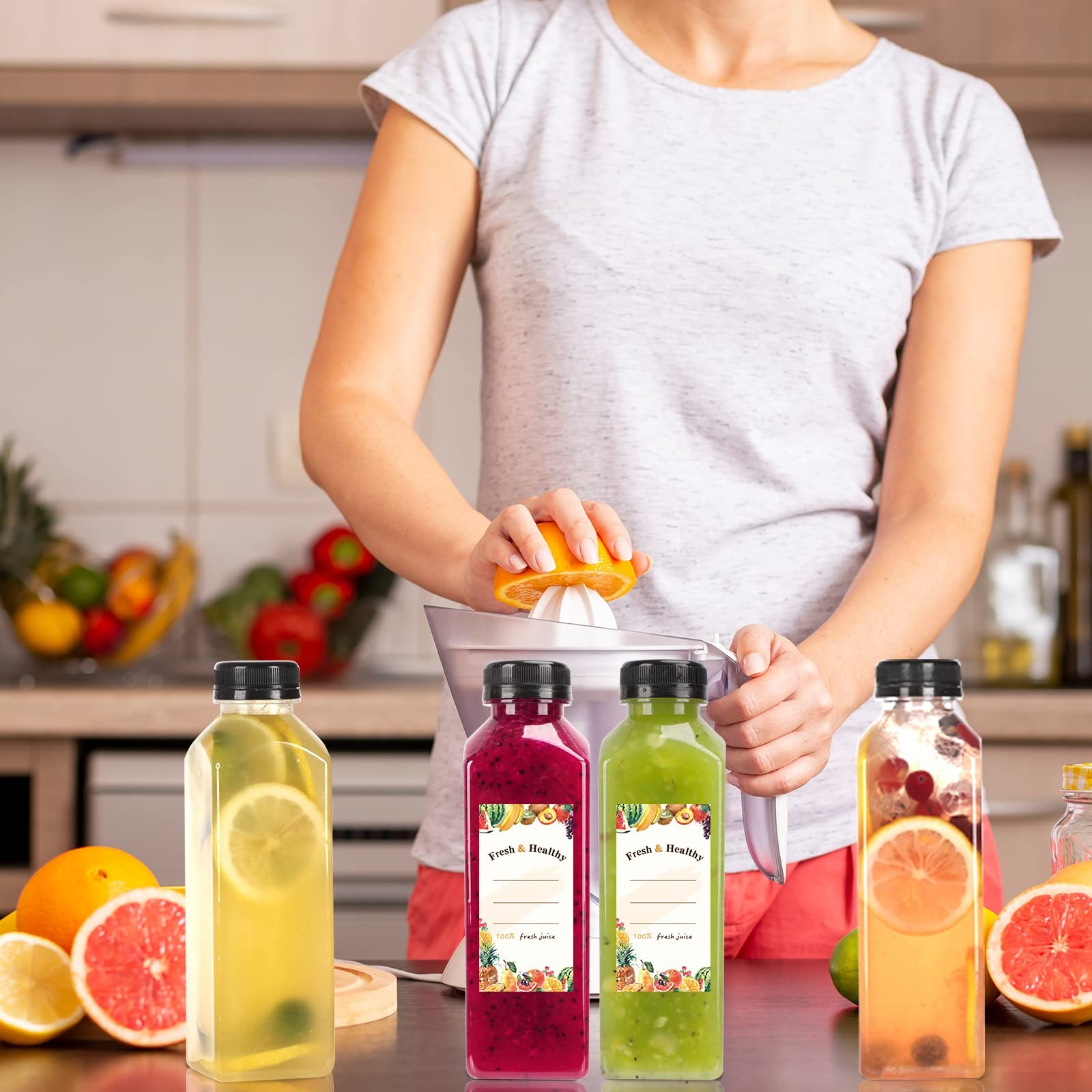 128Pcs 16Oz Plastic Juice Bottles with Caps, Bulk Clear Reusable Juicing Bottles