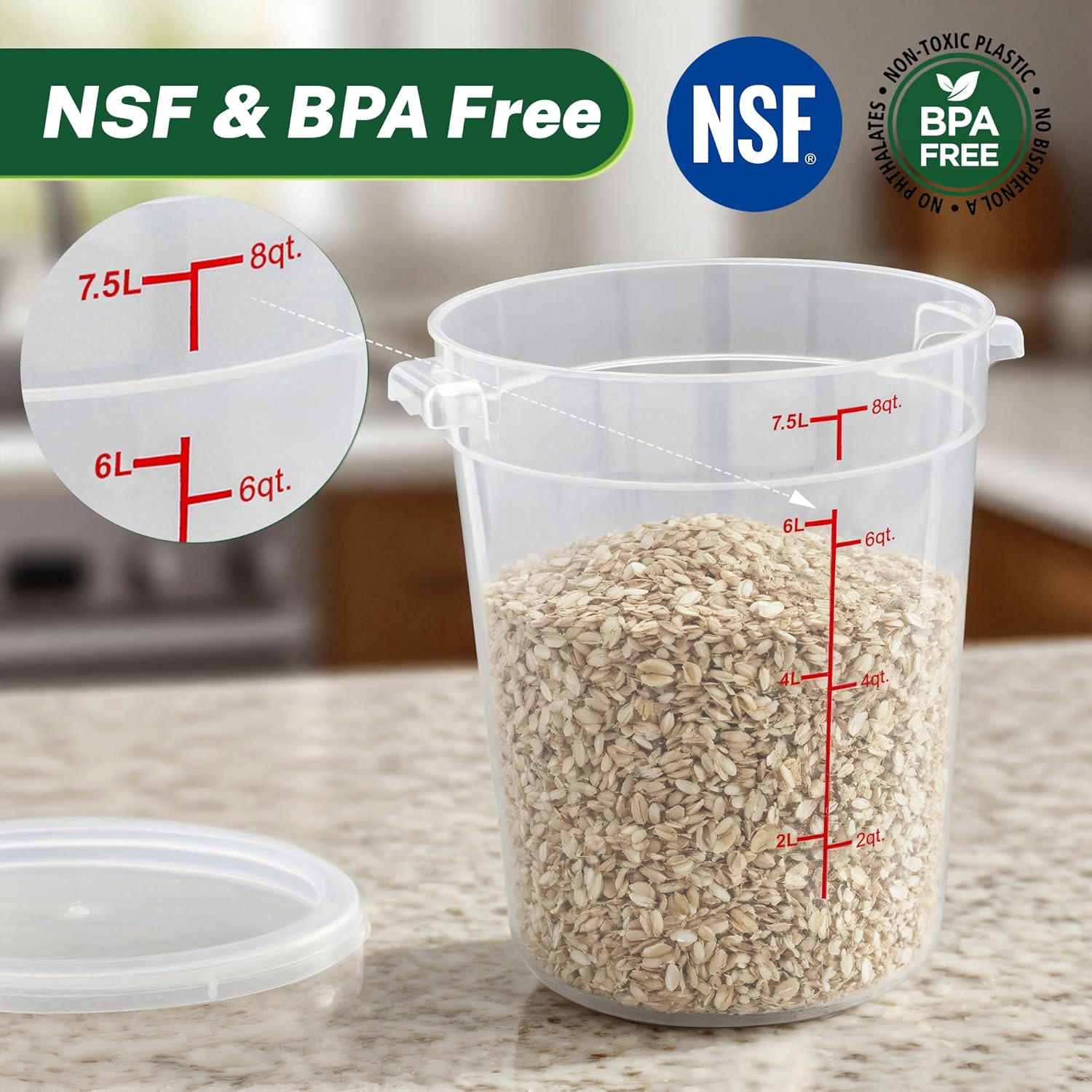 Round Food Storage Container with Lid, 8Qt Translucent, Commercial 4 Pack of – N